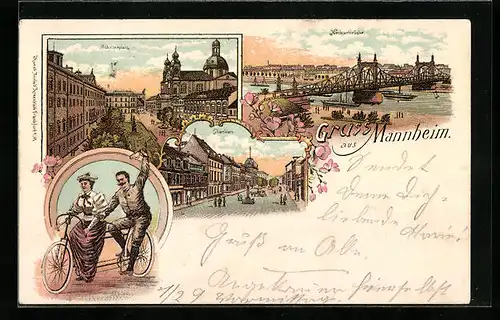 Lithographie Mannheim, Schillerplatz, Radfahrer auf Tandem, Neckarbrücke, Planken