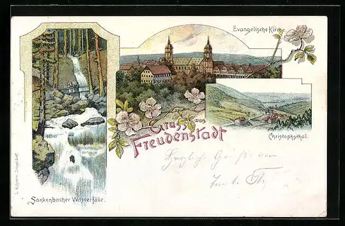 Lithographie Freudenstadt, Christophsthal, Evangelische Kirche, Sankenbacher Wasserfälle