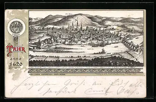 Lithographie Trier, Ortsansicht anno 1620 mit Mons Martis