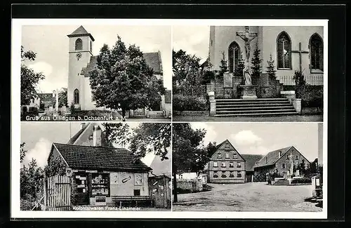 AK Öllingen a. M., Kolonialwaren Franz Linzmeier, Strassenpartie, Kirche