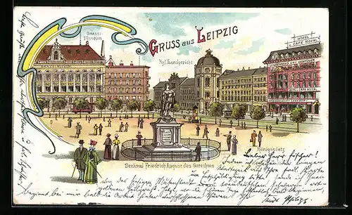 Lithographie Leipzig, Königsplatz mit Hotel u. Cafe Royal, Kgl. Landgericht, Grassi-Museum und Strassenbahnen