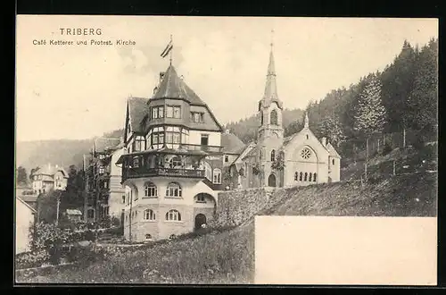 AK Triberg, Café Ketterer und Protestantische Kirche
