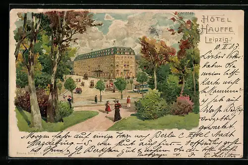 Lithographie Leipzig, Hotel Hauffe mit Park