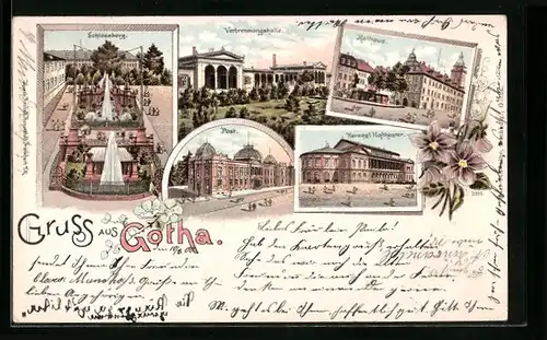 Lithographie Gotha, Rathaus, Schlossberg, Verbrennungshalle, Post, Herzogl. Hoftheater