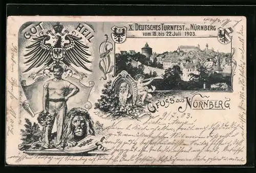 Lithographie Nürnberg, X. Deutsches Turnfest 1903, Teilansicht, Portrait Jahn, Wappen