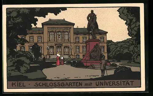 Steindruck-AK Kiel, Schlossgarten mit Universität