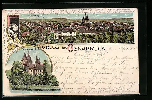 Lithographie Osnabrück, Totalansicht, Dom vom Wall aus gesehen