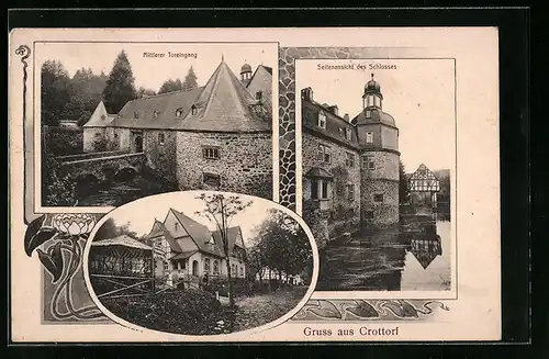 AK Crottorf, Gasthaus und Sommerfrische zum Wildenburger Hof, Mittlerer Toreingang, Seitenansicht des Schlosses