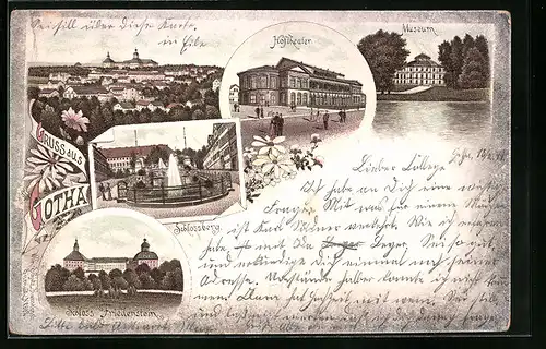 Lithographie Gotha, Museum, Hoftheater und Schlossberg mit Schloss Friedenstein