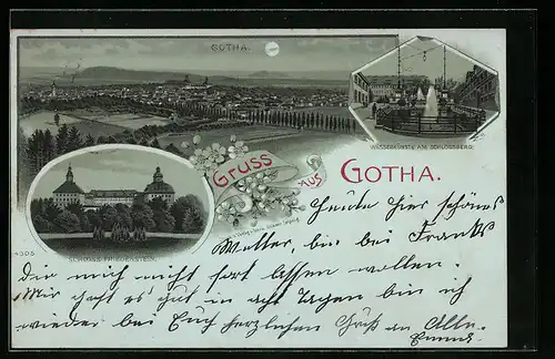 Mondschein-Lithographie Gotha, Schloss Friedenstein, Wasserkünste am Schlossberg, Totalansicht