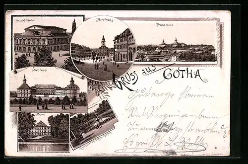 Vorläufer-Lithographie Gotha, Herz. Hof-Theater, Panorama, Hauptmarkt, Museum, 1893