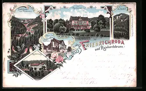 Lithographie Friedrichroda, Gothaisches Gasthaus Inselsberg, Reinhardsbrunn, Klostermühle