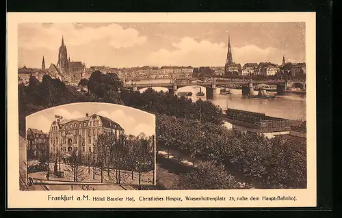 AK Frankfurt a. M., Hotel Baseler Hof, Christliches Hospiz, Wiesenhüttenplatz 25, Gesamtansicht