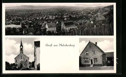 AK Malschenberg, Lebensmittelhandlung Artur Fuchs, Kirche, Gesamtansicht