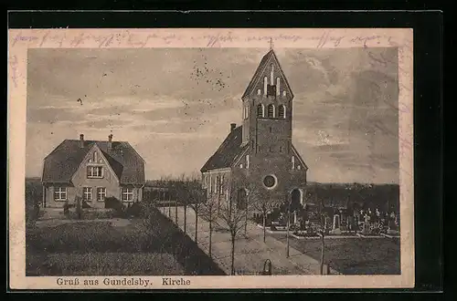 AK Gundelsby, Kirche mit Friedhof und Pfarrhaus