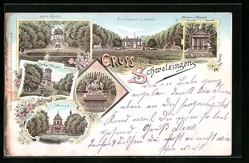 Lithographie Schwetzingen, Minerva-Tempel, Moschee und Hirschbassin mit Schloss