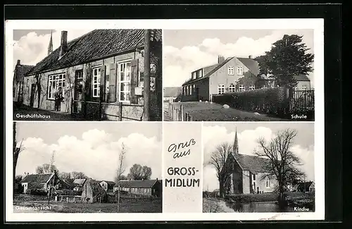 AK Gross-Midlum, Geschäftshaus, Gesamtansicht, Schule, Kirche