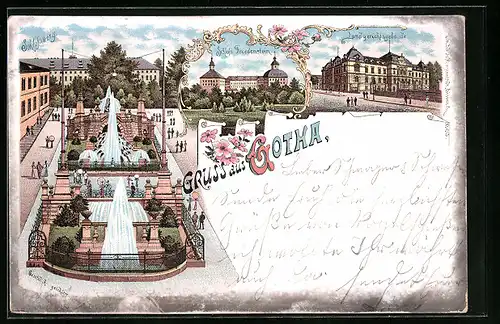 Lithographie Gotha, Schlossberg, Schloss Friedenstein, Landgerichtsgebäude