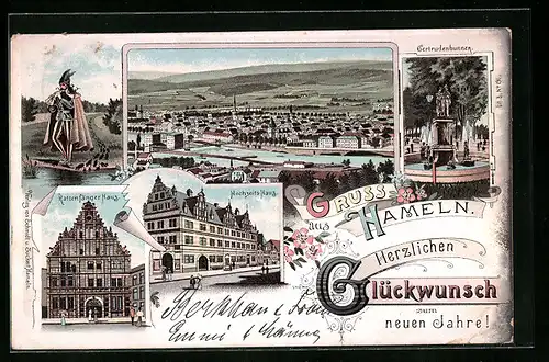 Lithographie Hameln, Ortsansicht, Rattenfänger, Gertrudenbrunnen, Rattenfänger-Haus, Hochzeits-Haus