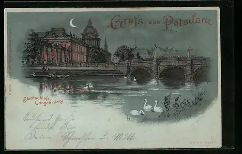 Lithographie Potsdam, Stadtschloss, Langebrücke