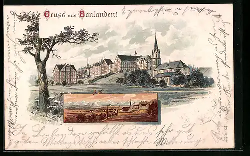 Lithographie Bonlanden, Teilansichten mit Kirche