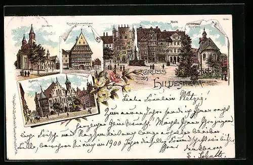 Lithographie Hildesheim, Markt, Dom, Rathaus