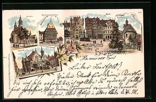 Lithographie Hildesheim, Markt, Rathaus, Dom