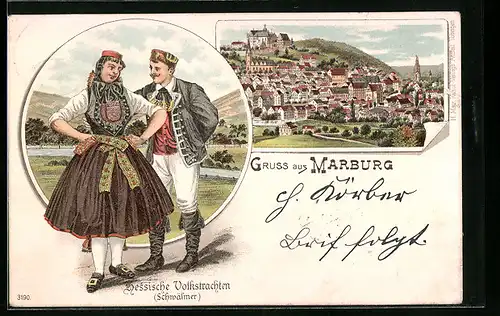 Lithographie Marburg, Panorama und Hessische Volkstracht der Schwälmer