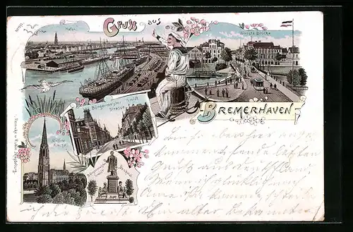 Lithographie Bremerhaven, Bürgermeister Smidt Strasse, Geeste Brücke, Hafen