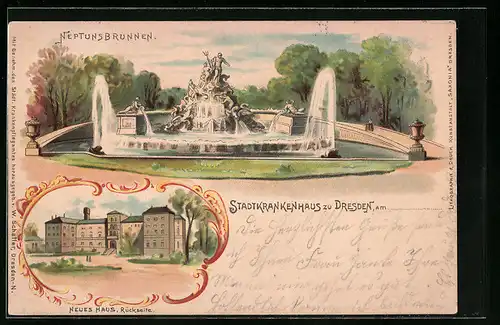 Lithographie Dresden, Stadtkrankenhaus und Neptunsbrunnen