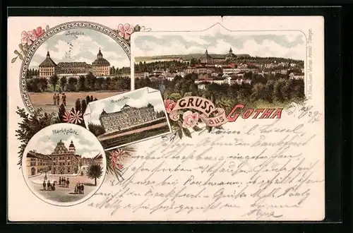 Lithographie Gotha, Totalansicht, Schloss, Marktplatz, Museum