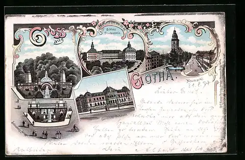 Lithographie Gotha, Schloss Friedenstein, Schlossberg-Anlage, Gerichts-Gebäude, Neumarkt