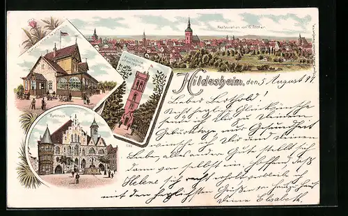 Lithographie Galgenberg bei Hildesheim, Restaurant von G. Fischer, Aussichtsturm a.d. Galgenberg, Rathaus, Gesamtansicht