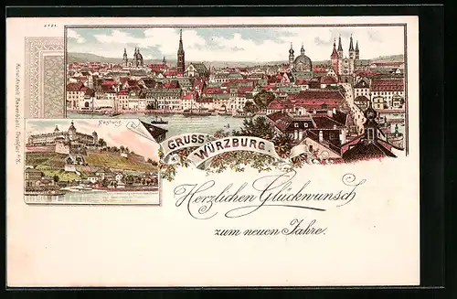 Lithographie Würzburg, Festung, Stadt-Panorama