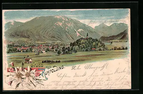 Lithographie Ruhpolding, Gesamtansicht mit Bergen