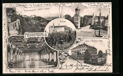 AK Heiligenberg i. B., Freundschaftshöhle mit Blick aufs Schloss, Hotel und Pension z. Post