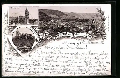 Lithographie Meiningen, Teilansicht, Stadtkirche, Schloss Landsberg