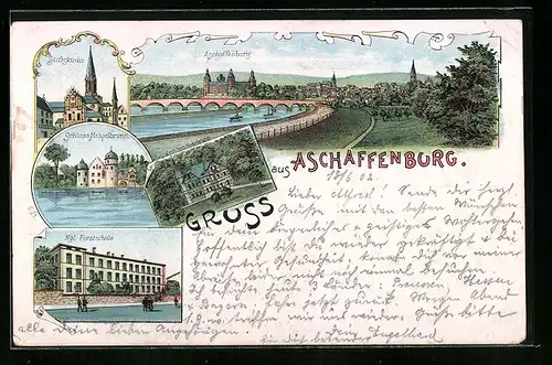 Lithographie Aschaffenburg, Stiftskirche, Schloss Mespelbrunn, Kgl. Forstschule