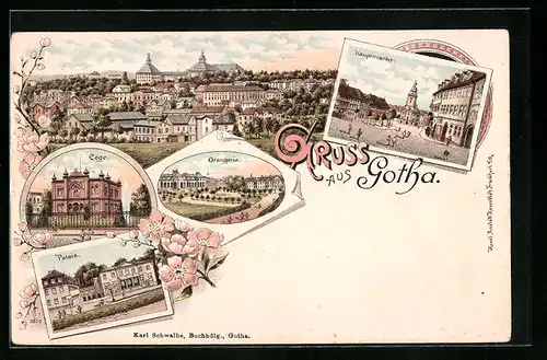 Lithographie Gotha, Gesamtansicht, Hauptmarkt, Orangerie, Loge, Palais