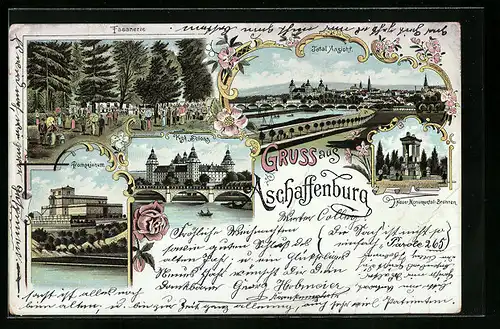 Lithographie Aschaffenburg, Fasanerie, Neuer Monumental-Brunnen, Pompejanum, Totalansicht