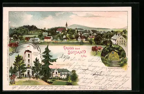 Lithographie Sohland a. Sp., Schloss, Prinz Friedrich-Turm, Panorama