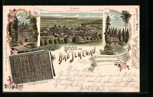 Lithographie Bad Ilmenau, Goethe-Häuschen, Gabelbach, Totalansicht