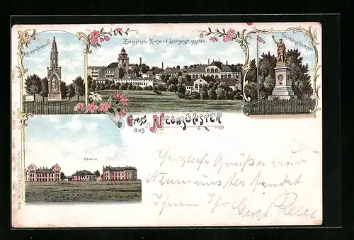 Lithographie Neumünster, Drei Kaiser Denkmal, Kaserne, Kriegerdenkmal