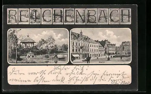 AK Reichenbach i. V., Markt, Pavillon am Teich
