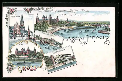 Lithographie Aschaffenburg, Stiftskirche, Schloss, Partie am Main, Kgl. Forstschule, Pompejanum