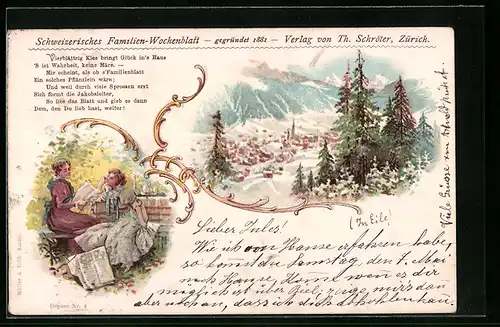 Lithographie 2 Frauen lesen das Schweizerische Familien-Wochenblatt