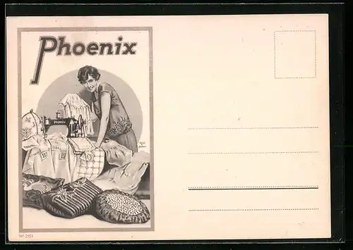 AK Junge Dame an einer Phoenix-Nähmaschine, Reklame