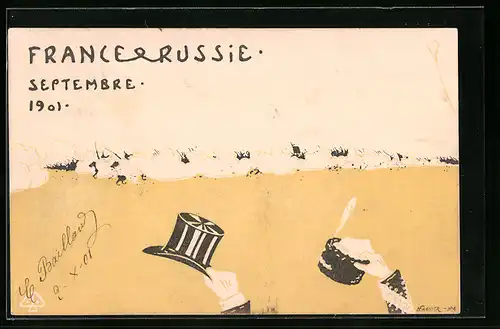 Künstler-AK sign. Harnier: France & Russie, Besuch des Zaren Nikolaus II. von Russland in Frankreich 1901