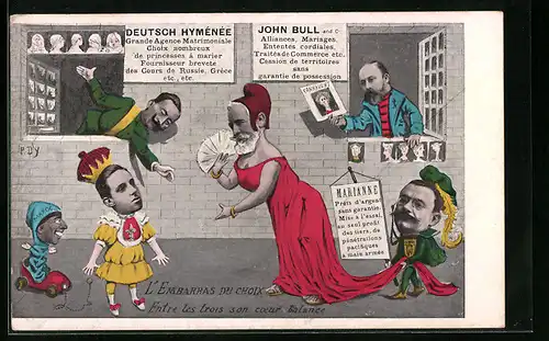 AK Kaiser Wilhelm II., Alfonso XIII. von Spanien, John Bull französischer Präsident, Politische Karikatur