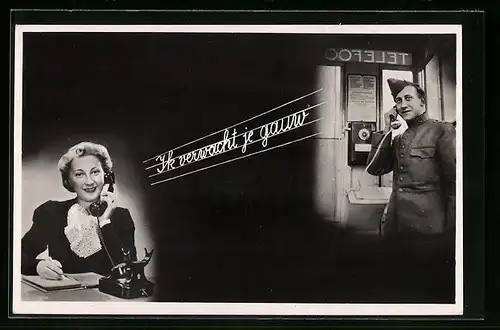 AK Telefonat zwischen einer Dame und einem Soldaten